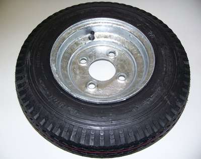 SPARE 4.80 X 8" TIRE AND GALVANIZED WHEEL, 4" BOLT CIRCLE ON 4 HOLE WHEEL 590# CAP